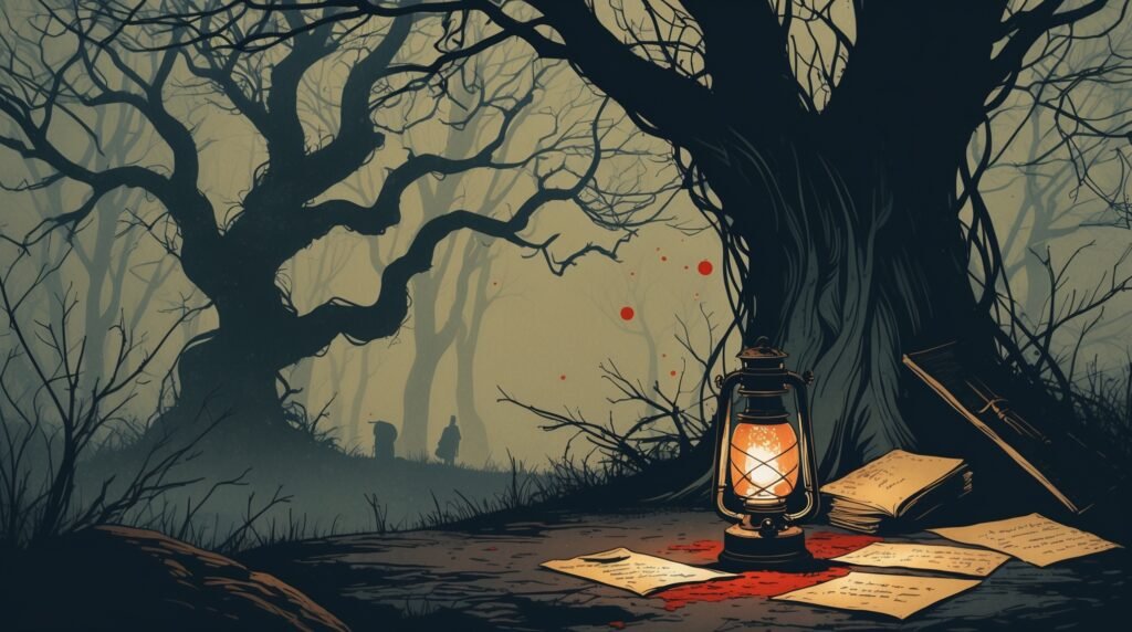 Illustrated image of a foggy English woodland at dusk with a hollow tree, a glowing lantern, scattered papers, and a shadowy figure in the distance, symbolizing folklore and mystery associated with the Bella in the Wych Elm case.