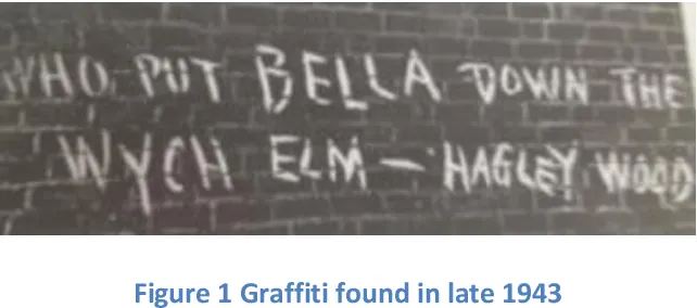 Who put Bella in the Wych Elm graffiti associated with the unsolved British mystery

Black and white photograph of graffiti reading “Who put Bella down the Wych Elm – Hagley Wood,” written on a brick wall in late 1943.