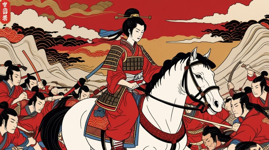 Traditional Japanese-style artwork of Tomoe Gozen in samurai armor on horseback, highlighting her role in medieval female warriors history.