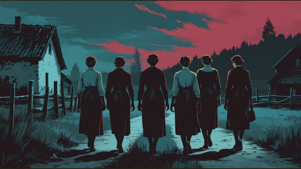 Graphic-novel style illustration of six early 1900s village women walking down a rural path at dusk in muted teal and crimson tones, representing the quiet normalization behind the Angel Makers of Nagyrév poisonings.