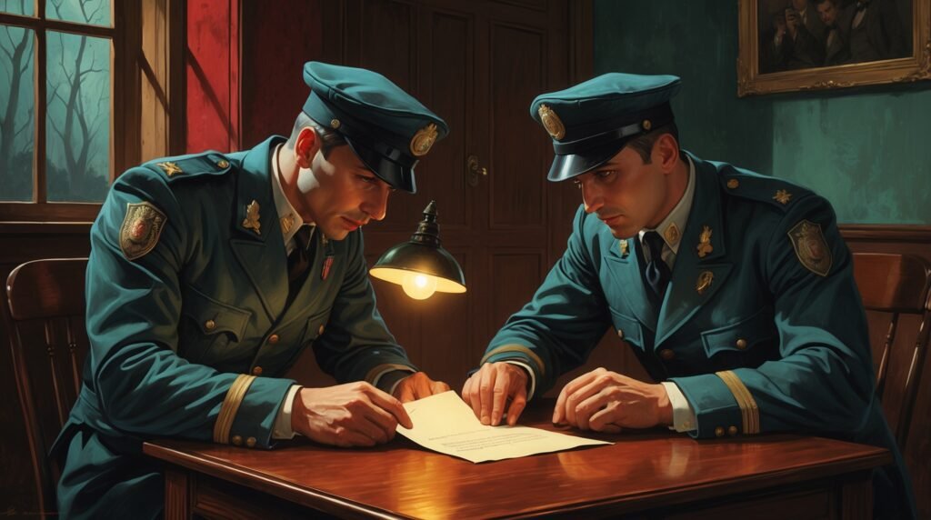 Cinematic illustration of two early 20th-century police officers seated at a desk, reading an anonymous letter that sparked the investigation into the Angel Makers of Nagyrév.