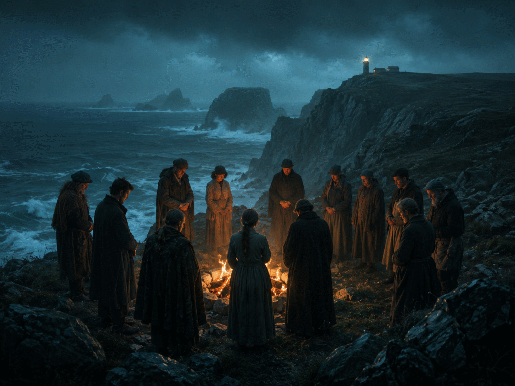 A solemn group of islanders gathered around a fire on a rocky Scottish coastline, with stormy seas, misty cliffs, and a distant lighthouse in the background.