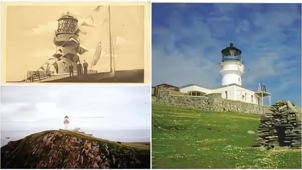Collage showing the Flannan Isles Lighthouse from different views, including a close-up of the lighthouse, a distant view on a rocky island, and an illustrated keeper near the lantern room.