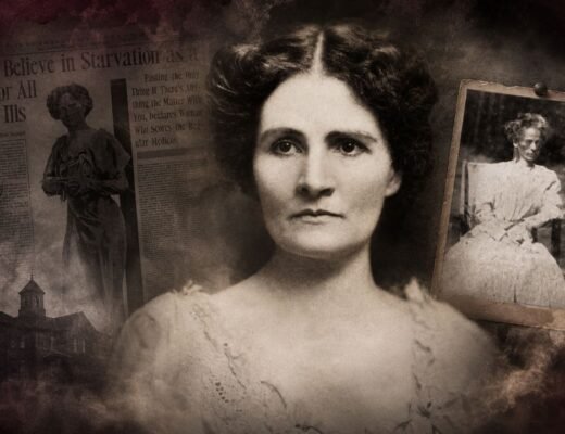 Vintage portrait of Linda Hazzard with a newspaper clipping headline reading 'Why I Believe in Starvation as a Cure' and an emaciated victim photo.