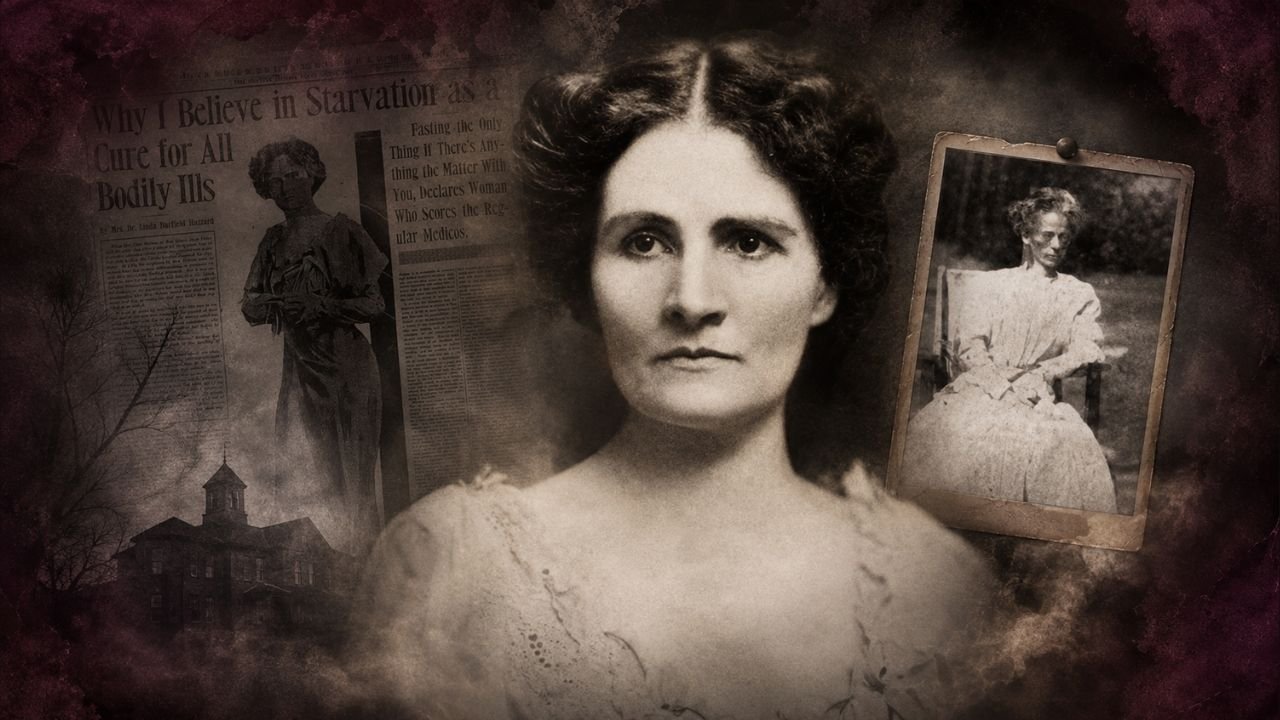 Vintage portrait of Linda Hazzard with a newspaper clipping headline reading 'Why I Believe in Starvation as a Cure' and an emaciated victim photo.