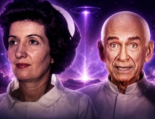 Digital illustration of Heaven's Gate co-founders Bonnie Nettles in a nurse uniform and Marshall Applewhite set against a purple cosmic space background with a UFO.
